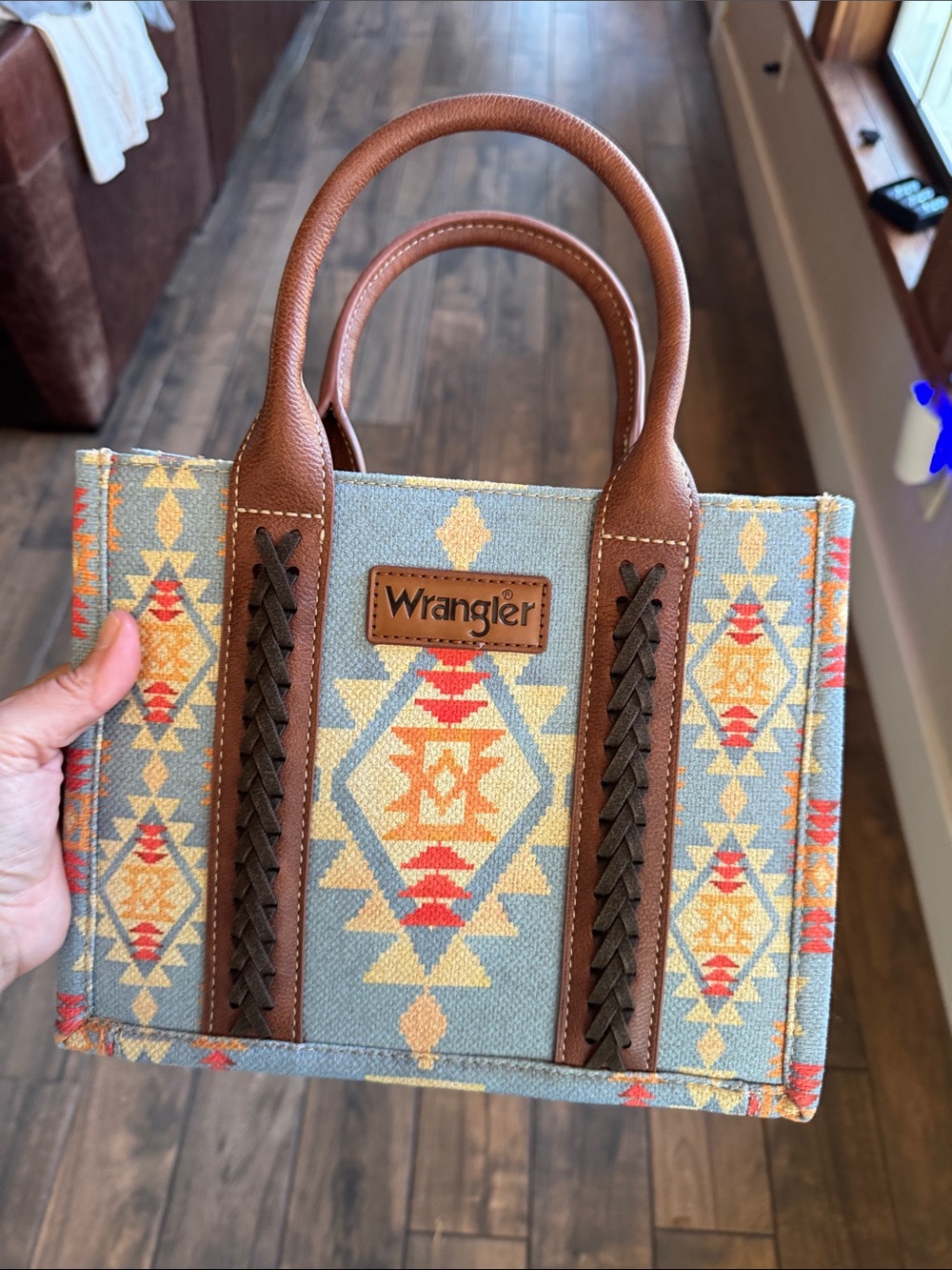Wrangler Mini Canvas Tote with Southwestern Pattern – Blue, Brown & Orange